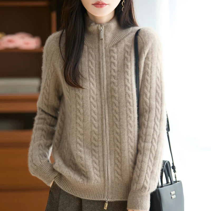 Merino Wool Cable‑Knit Zip Cardigan