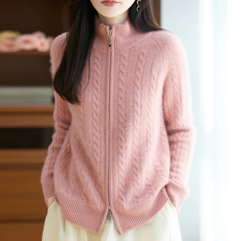 Merino Wool Cable‑Knit Zip Cardigan