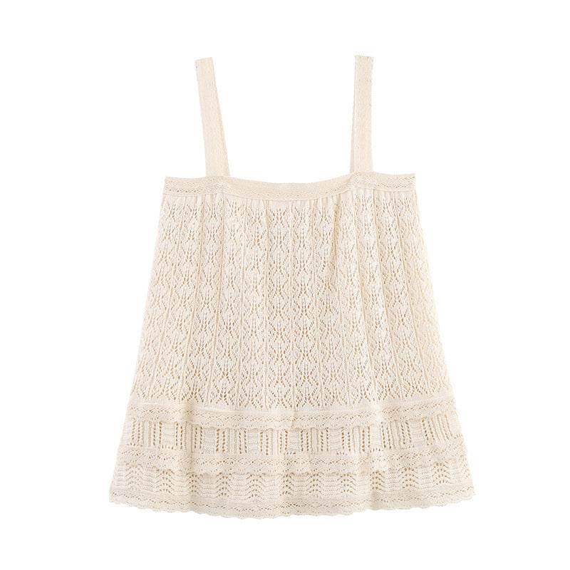 Boho Lace Knit Cami Top – Vintage Mesh Jacquard Elegance