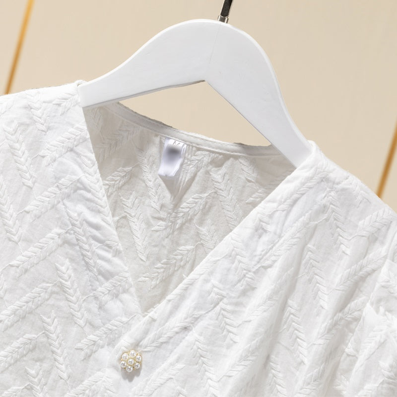Graceful Bloom™ Women’s Embroidered Cotton Puff Sleeve Shirt